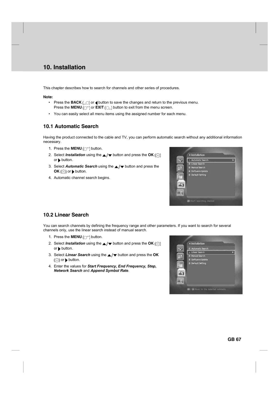 Humax CX PVR-9200C manual Installation, Automatic Search, Linear Search 