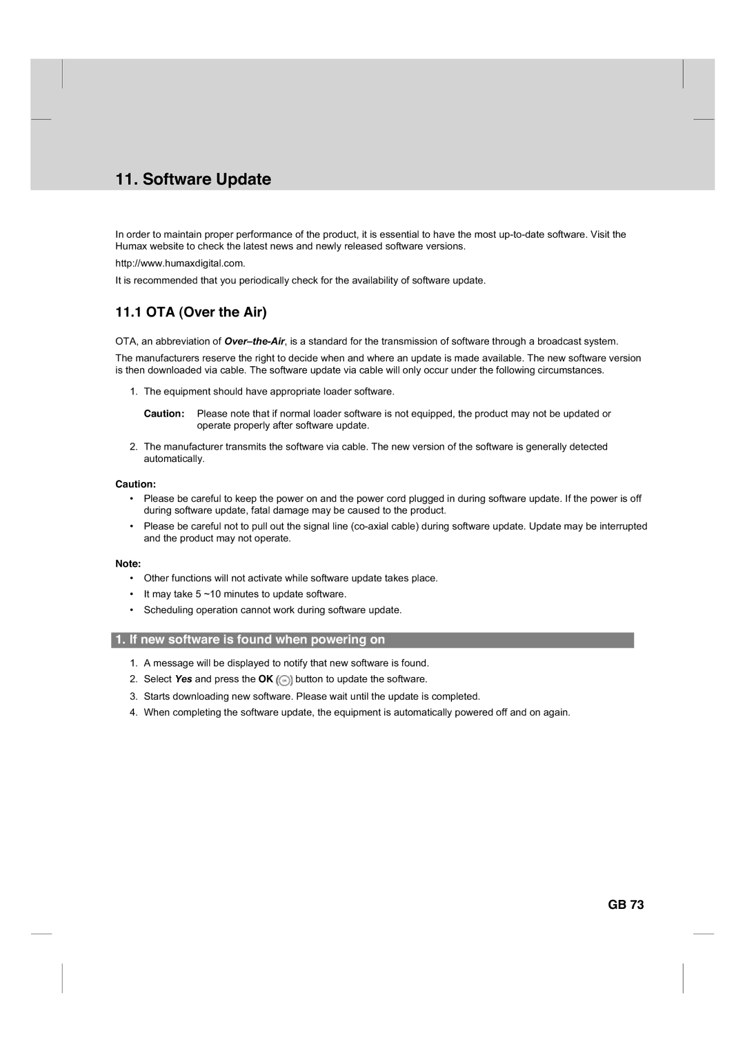 Humax CX PVR-9200C manual Software Update, OTA Over the Air, If new software is found when powering on 