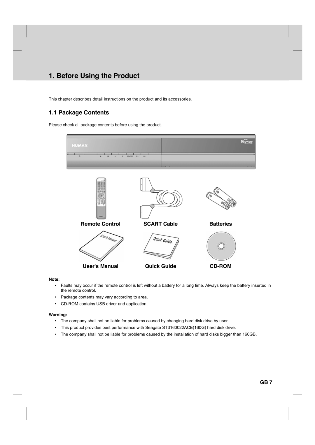 Humax CX PVR-9200C manual Before Using the Product, Package Contents 