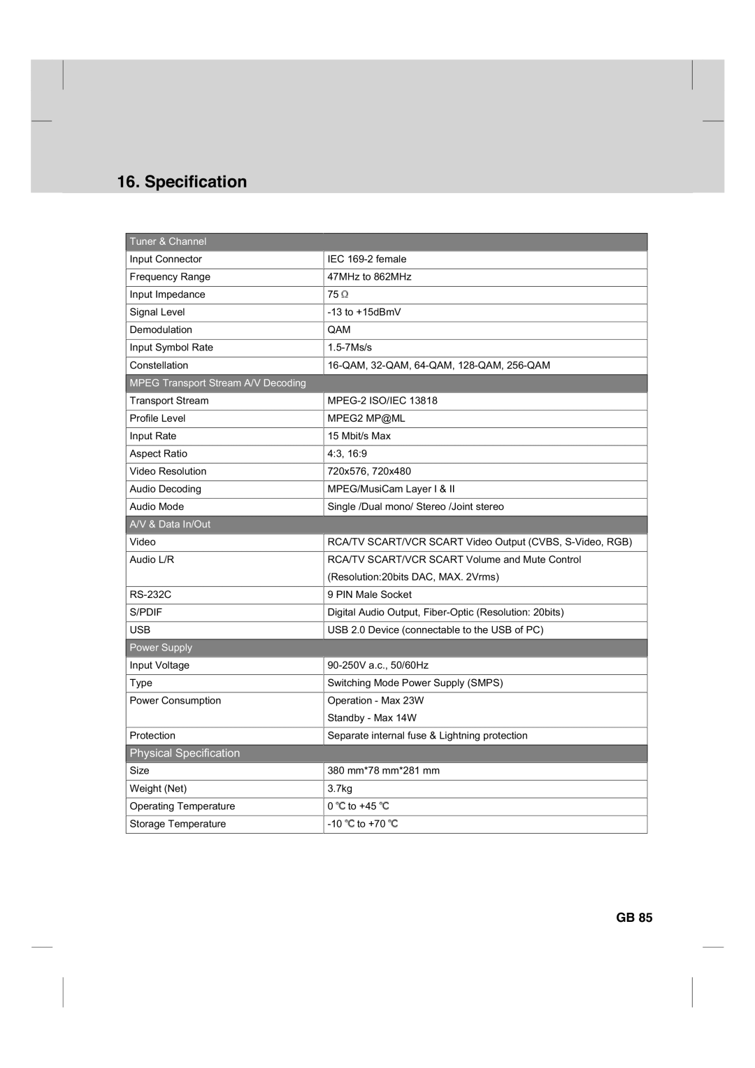 Humax CX PVR-9200C manual Specification, Tuner & Channel 