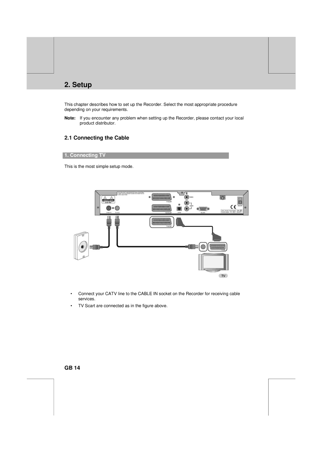 Humax CXC-2000PVR user manual Setup, Connecting the Cable, Connecting TV 