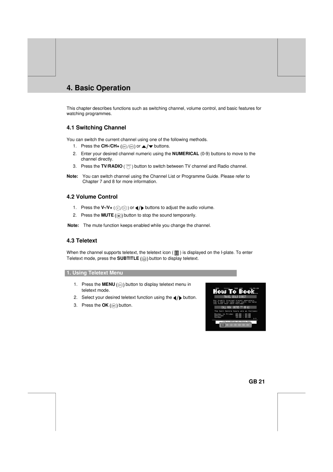 Humax CXC-2000PVR user manual Basic Operation, Switching Channel, Volume Control, Using Teletext Menu 