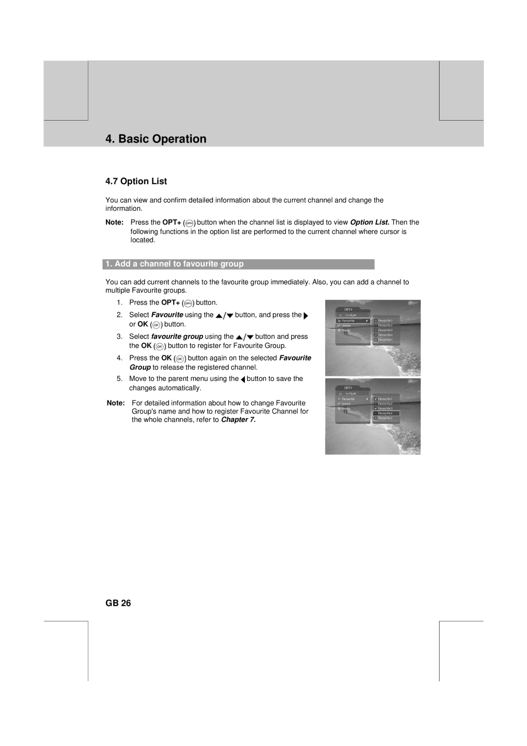 Humax CXC-2000PVR user manual Option List, Add a channel to favourite group 