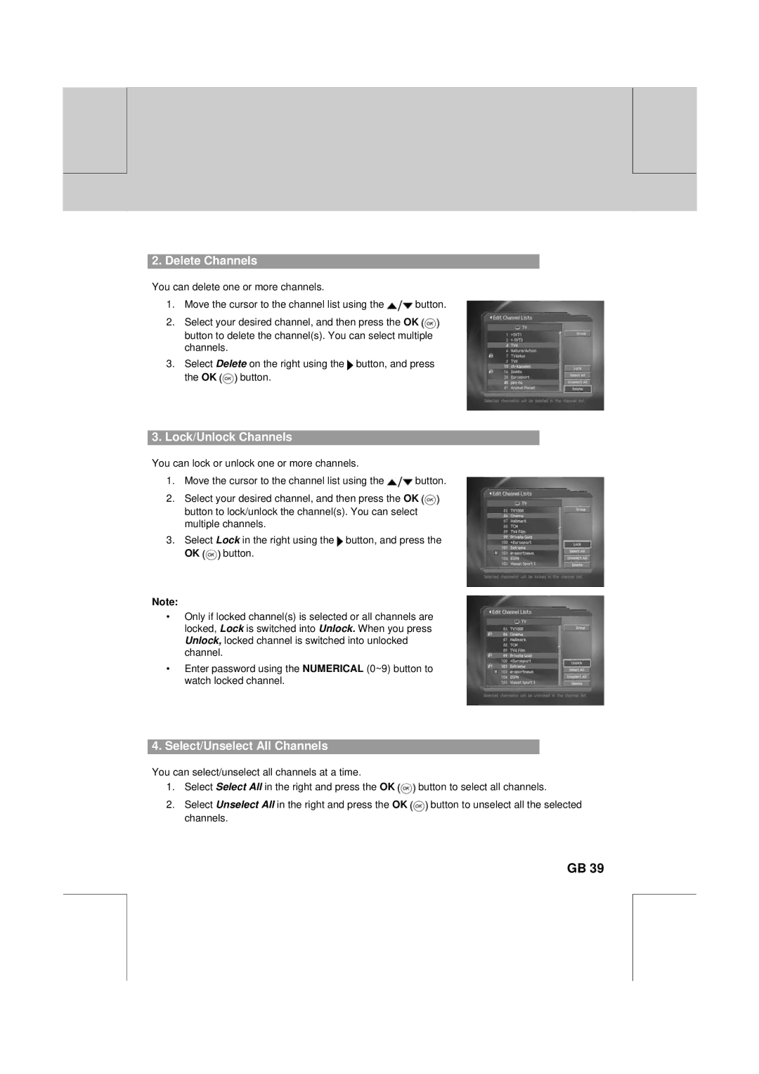 Humax CXC-2000PVR user manual Delete Channels, Lock/Unlock Channels, Select/Unselect All Channels 