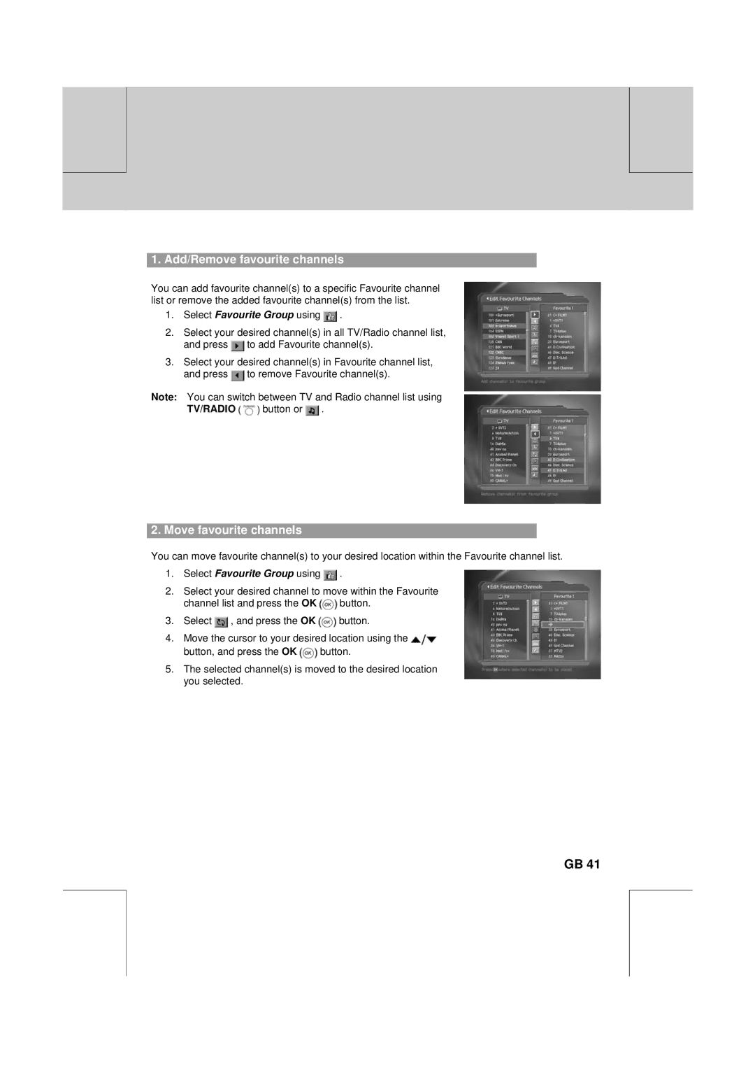 Humax CXC-2000PVR user manual Add/Remove favourite channels, Move favourite channels 