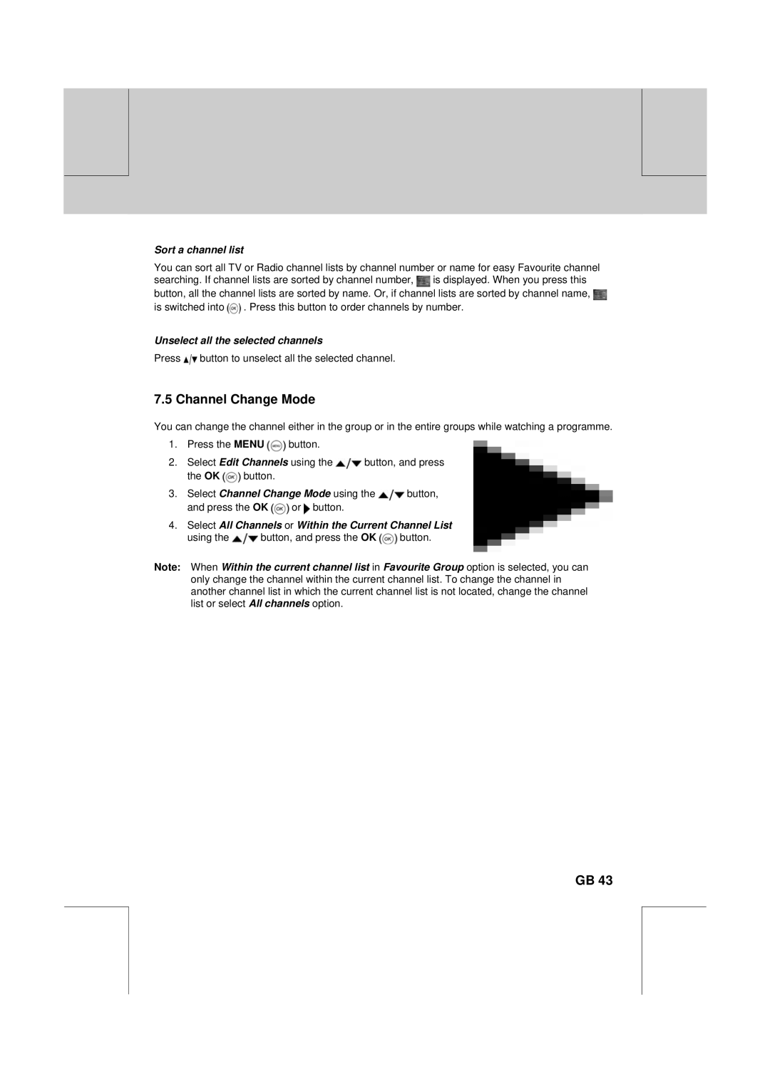 Humax CXC-2000PVR user manual Channel Change Mode, Sort a channel list 