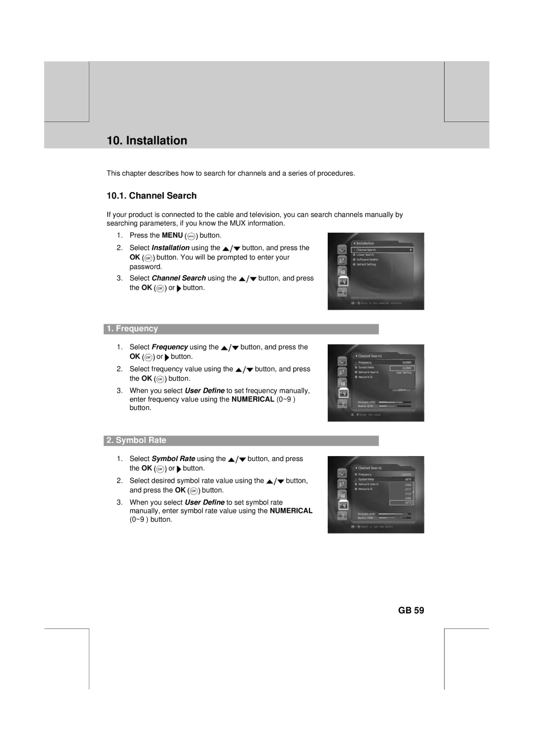 Humax CXC-2000PVR user manual Installation, Frequency, Symbol Rate 