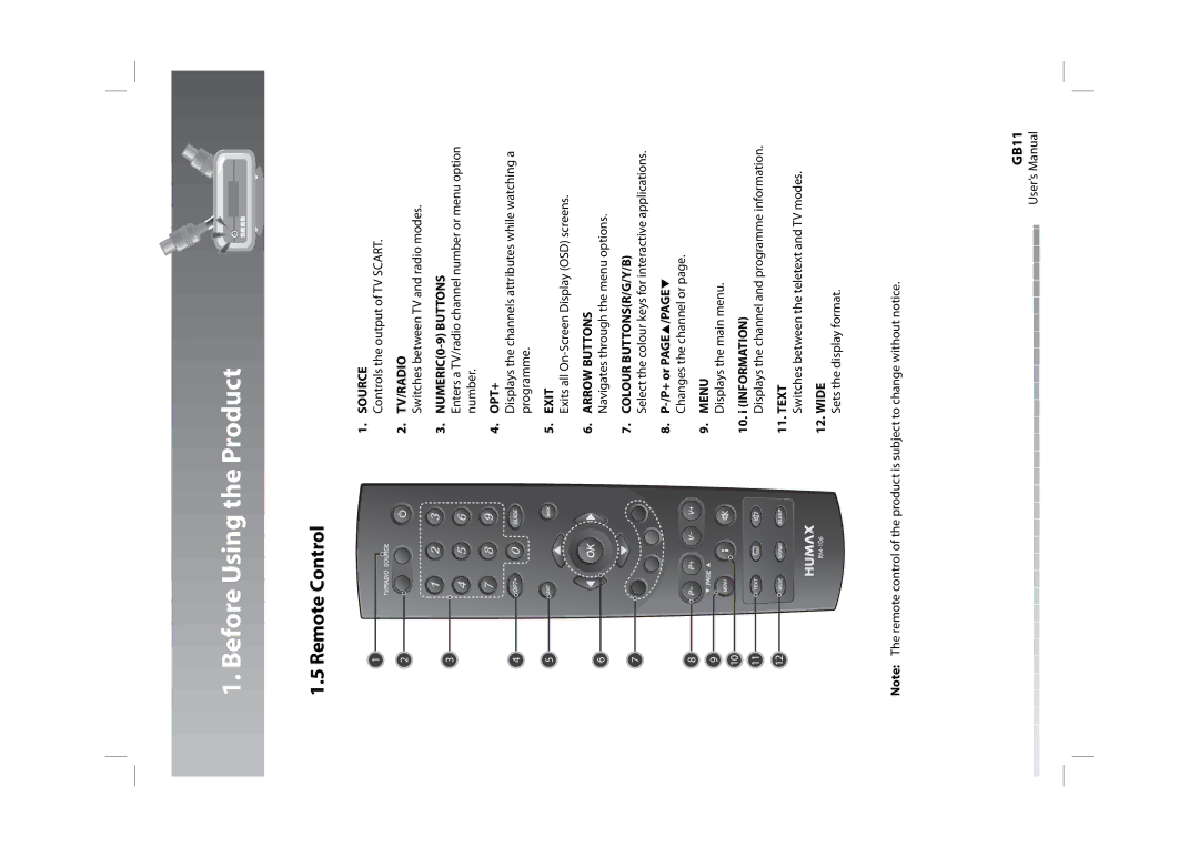 Humax CXHD-5000C user manual Remote Control 