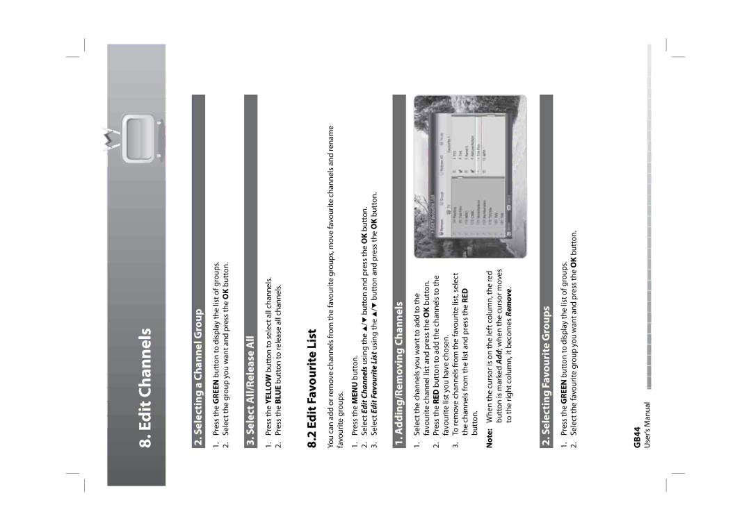 Humax CXHD-5000C Edit Favourite List, Selecting a Channel Group, Select All/Release All, Adding/Removing Channels 