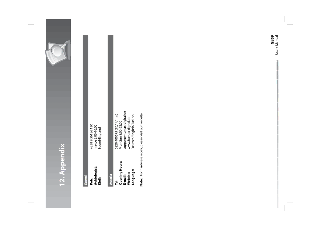 Humax CXHD-5000C user manual Puh, Aukioloajat, Kieli 