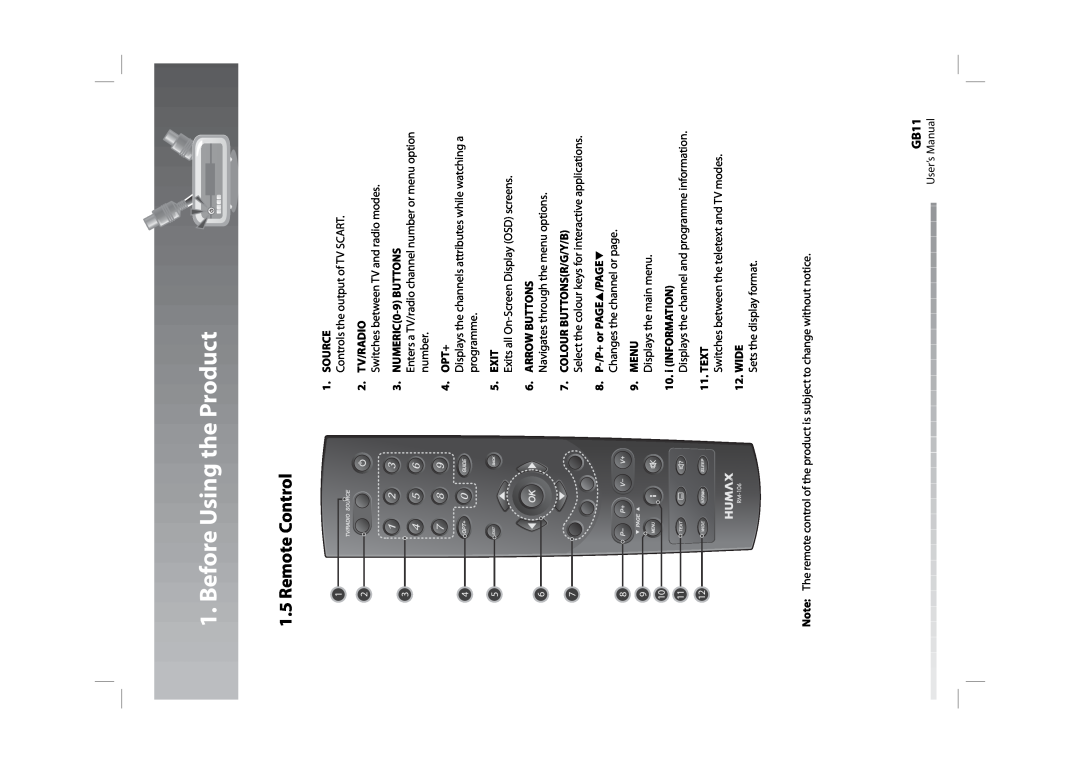 Humax CXHD-5000C user manual Remote Control, GB11, Before Using the Product 