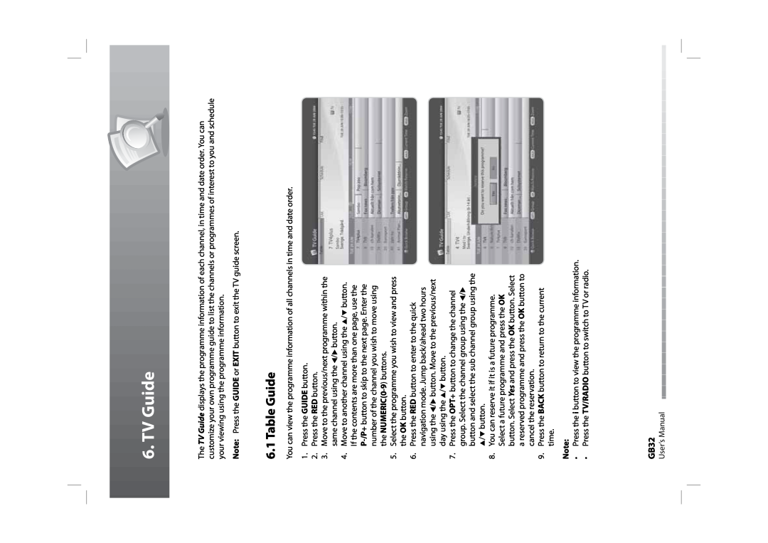 Humax CXHD-5000C user manual TV Guide, Table Guide, GB32 