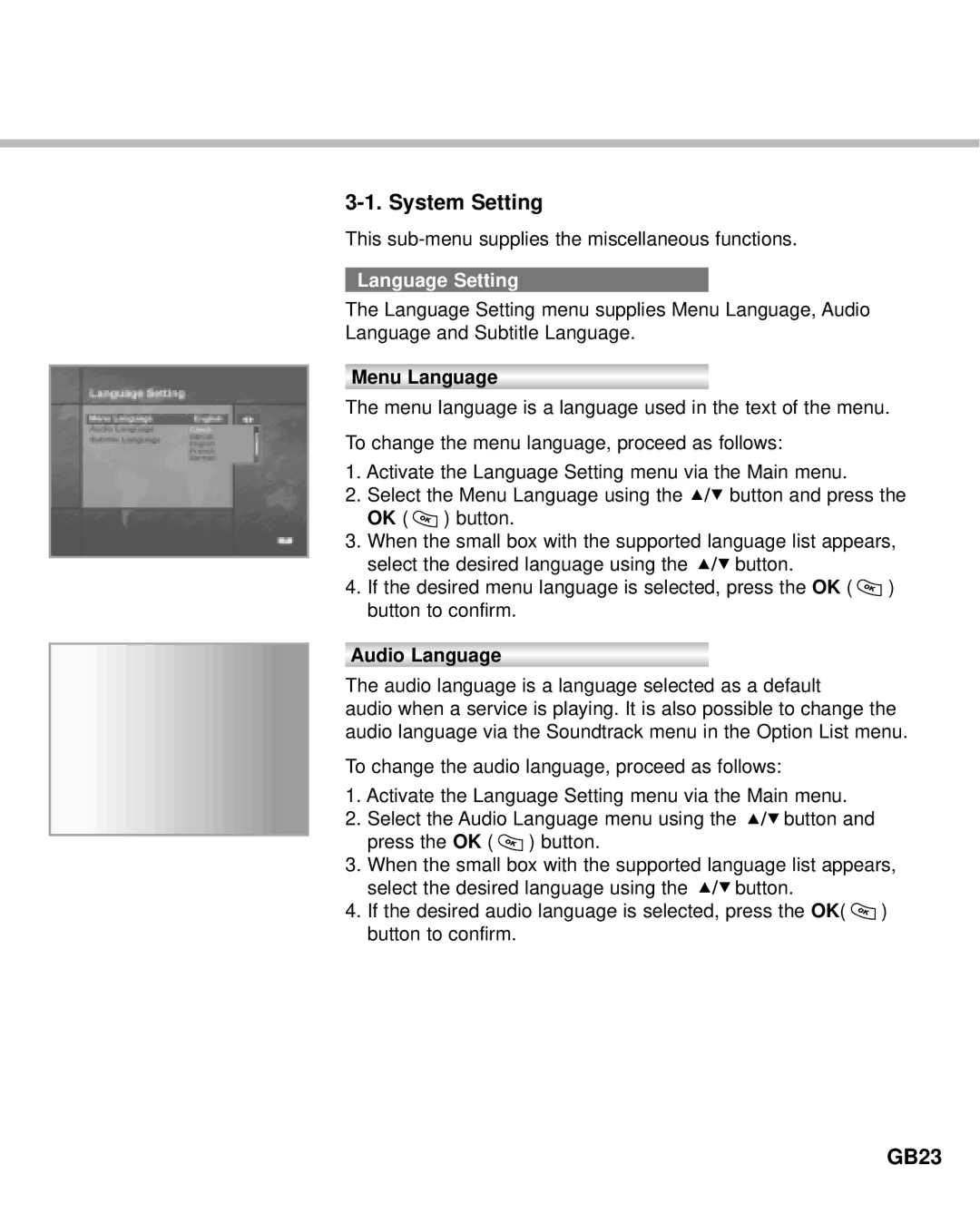 Humax Digital Set-Top Box manual System Setting, GB23, Language Setting, Menu Language, Audio Language 