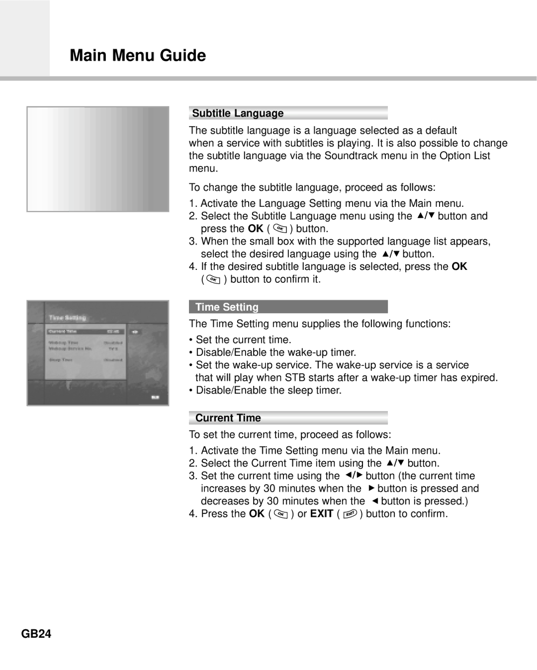 Humax Digital Set-Top Box manual GB24, Subtitle Language, Time Setting, Current Time 