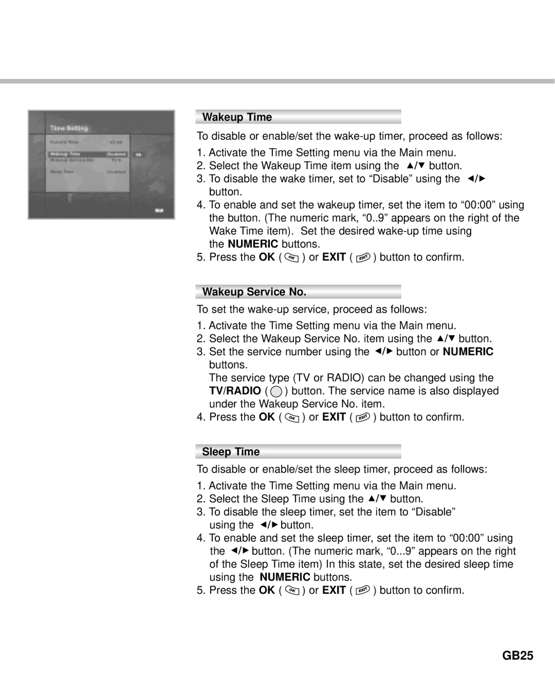 Humax Digital Set-Top Box manual GB25, Wakeup Time, Wakeup Service No, Sleep Time 
