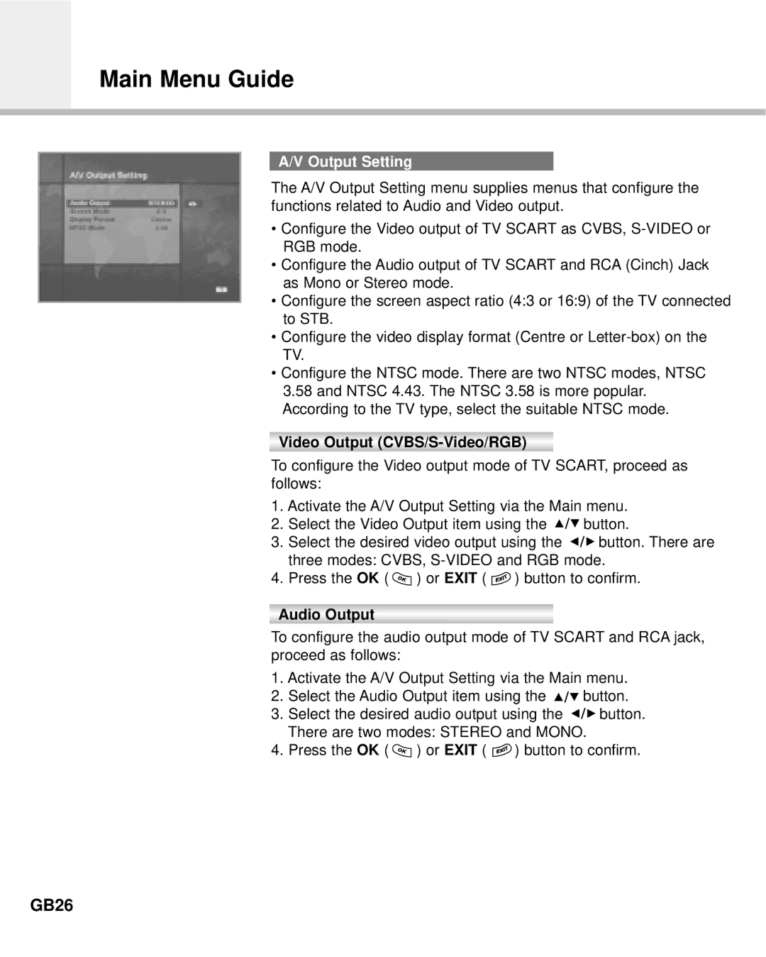 Humax Digital Set-Top Box manual GB26, Output Setting, Video Output CVBS/S-Video/RGB, Audio Output 