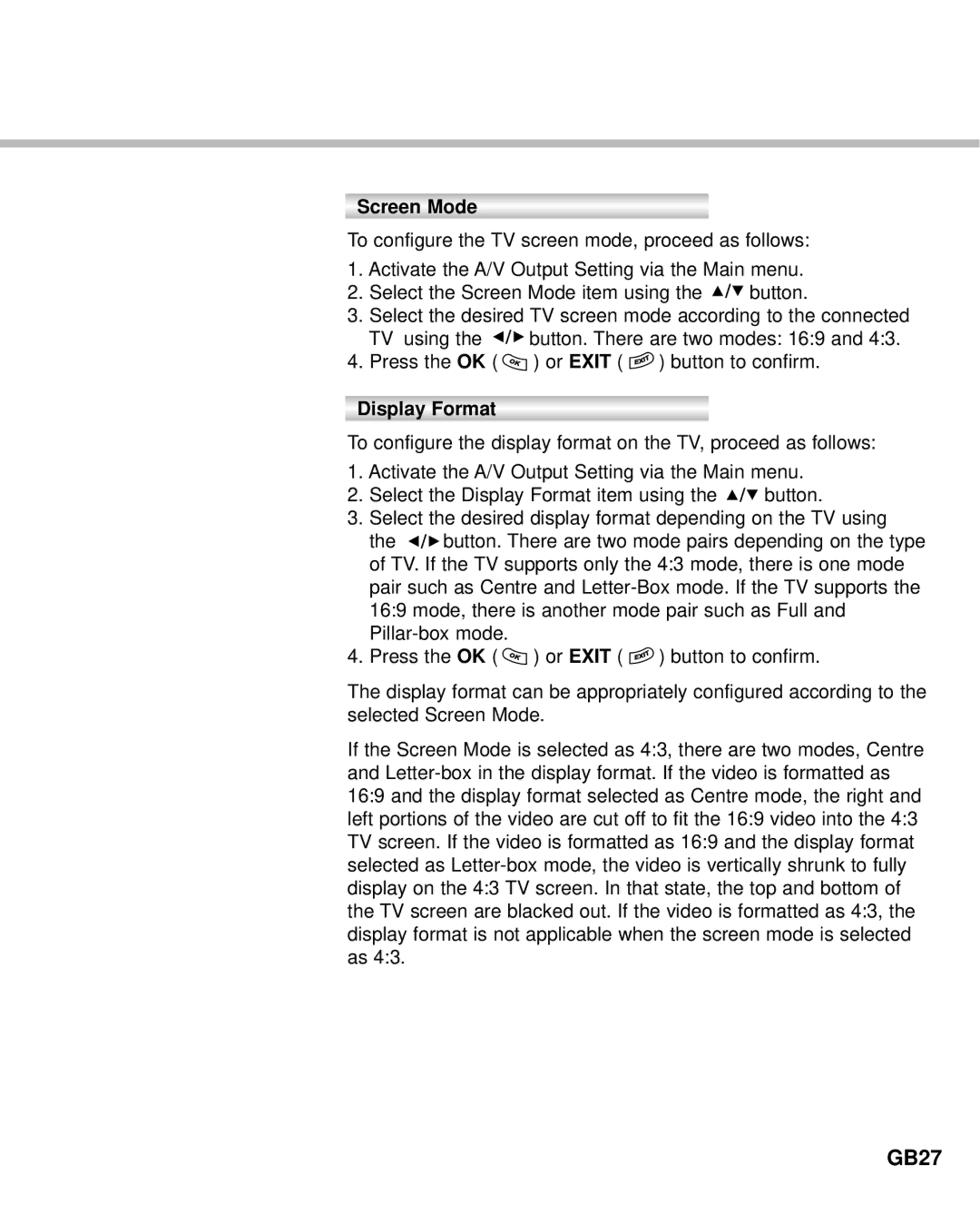 Humax Digital Set-Top Box manual GB27, Screen Mode, Display Format 
