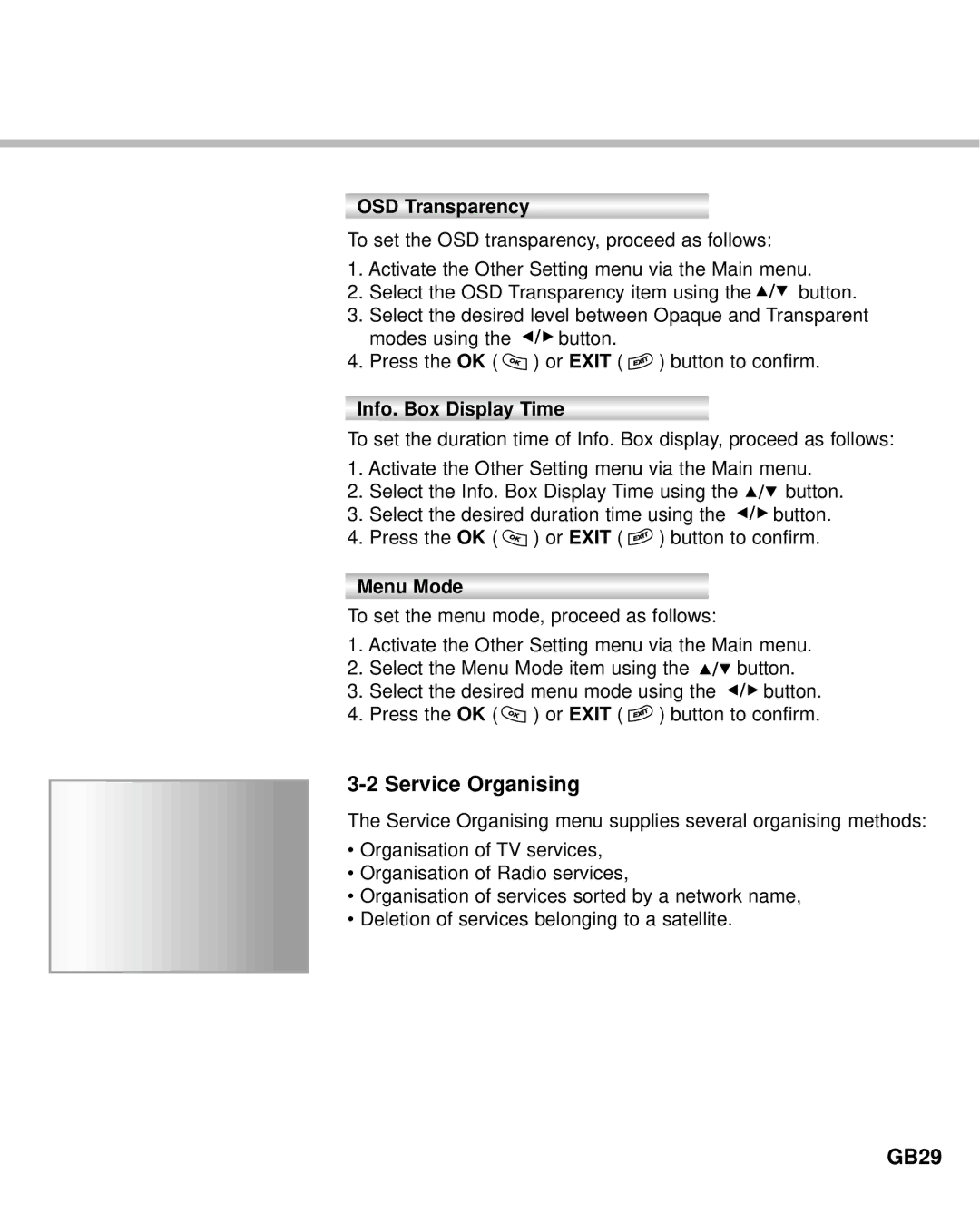 Humax Digital Set-Top Box manual Service Organising, GB29, OSD Transparency, Info. Box Display Time, Menu Mode 