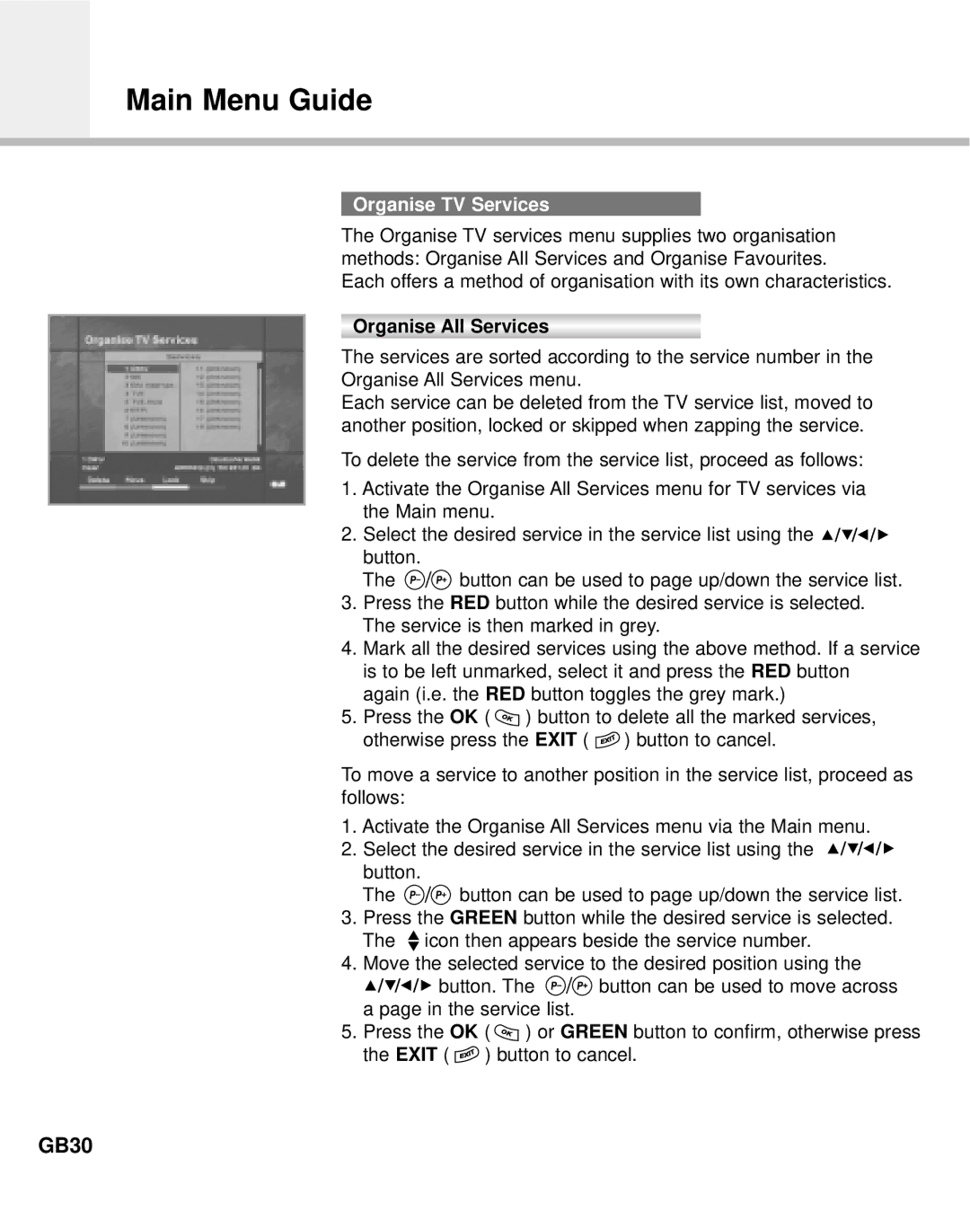 Humax Digital Set-Top Box manual GB30, Organise TV Services, Organise All Services 