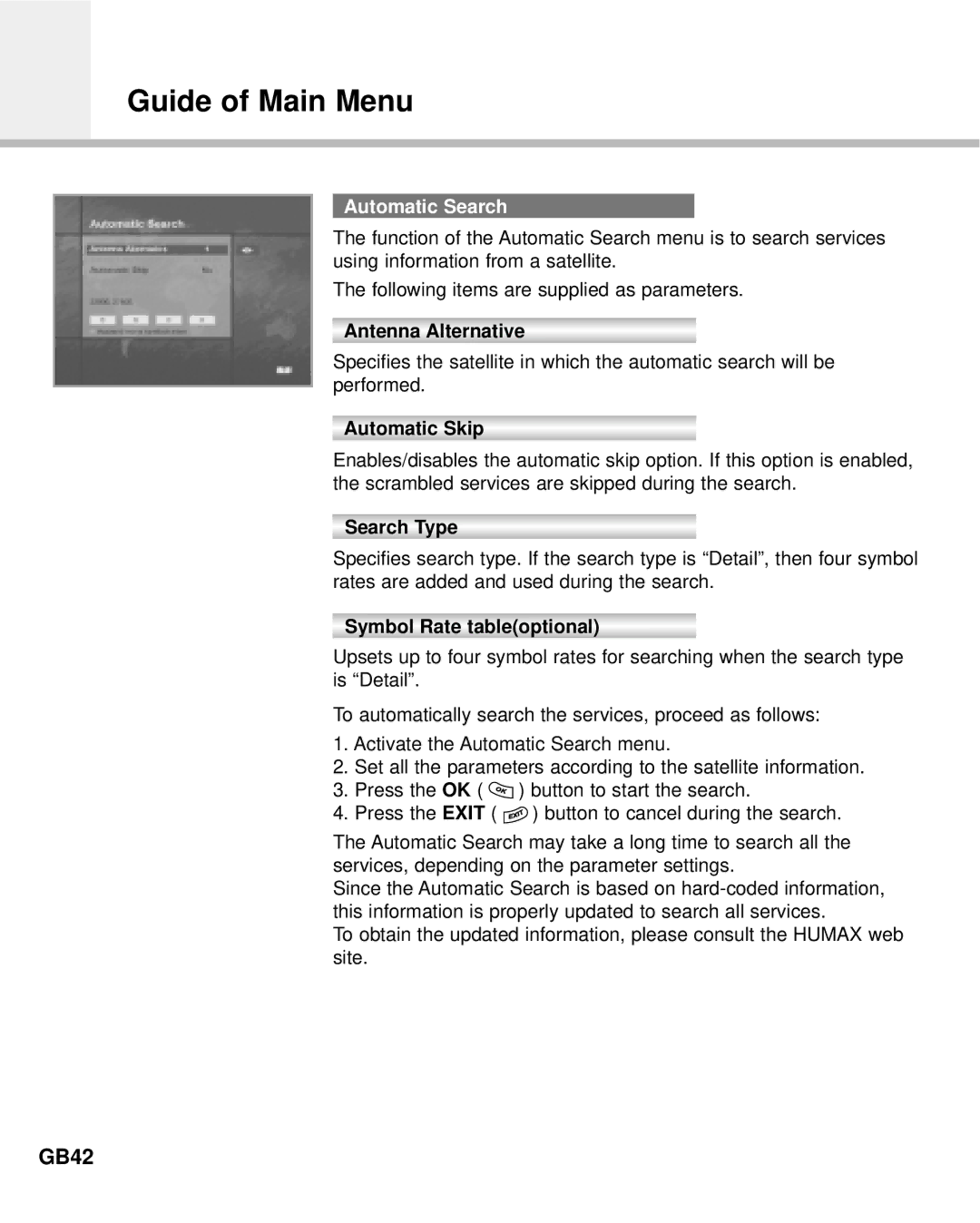 Humax Digital Set-Top Box manual Guide of Main Menu, GB42, Automatic Search, Search Type, Symbol Rate tableoptional 