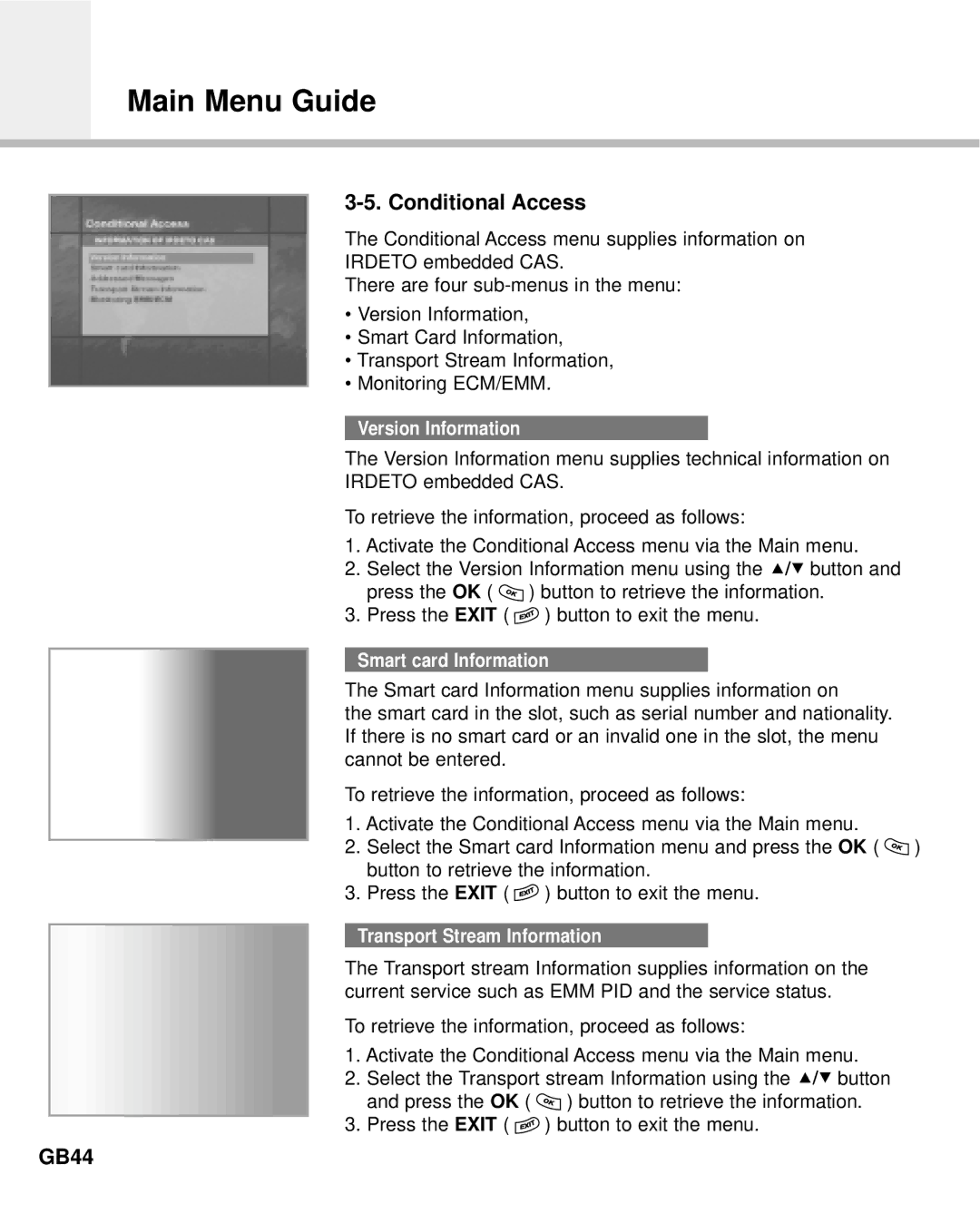 Humax Digital Set-Top Box manual Conditional Access, GB44, Version Information, Smart card Information 