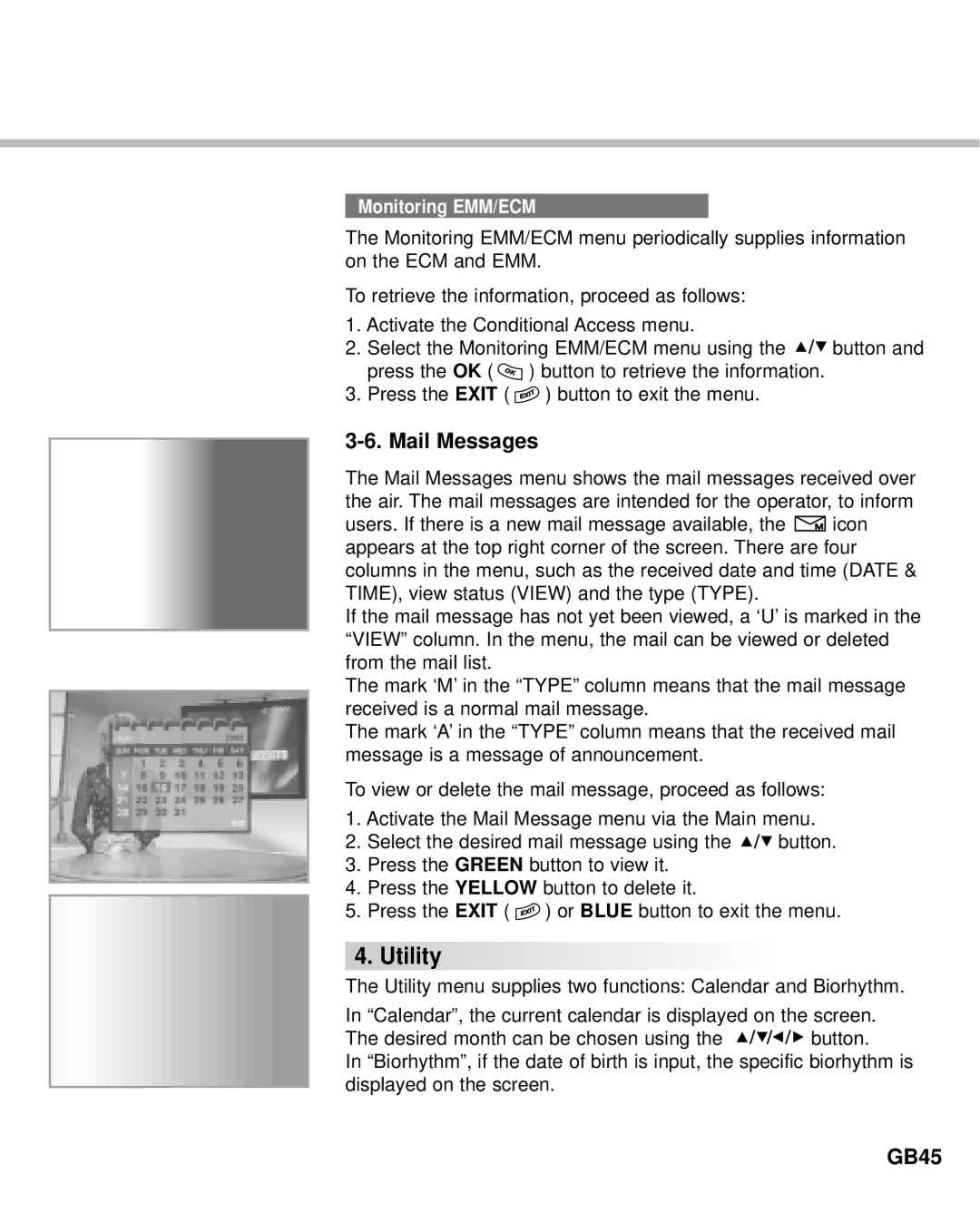 Humax Digital Set-Top Box manual Mail Messages, GB45, Monitoring EMM/ECM 