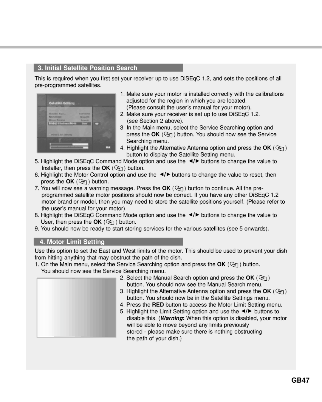 Humax Digital Set-Top Box manual GB47, Initial Satellite Position Search, Motor Limit Setting 