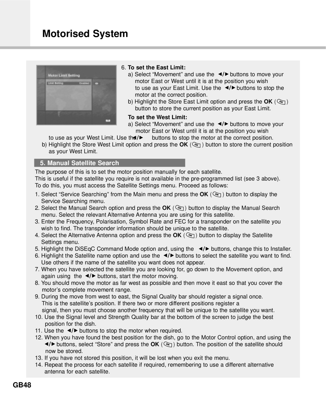 Humax Digital Set-Top Box manual GB48, Manual Satellite Search 