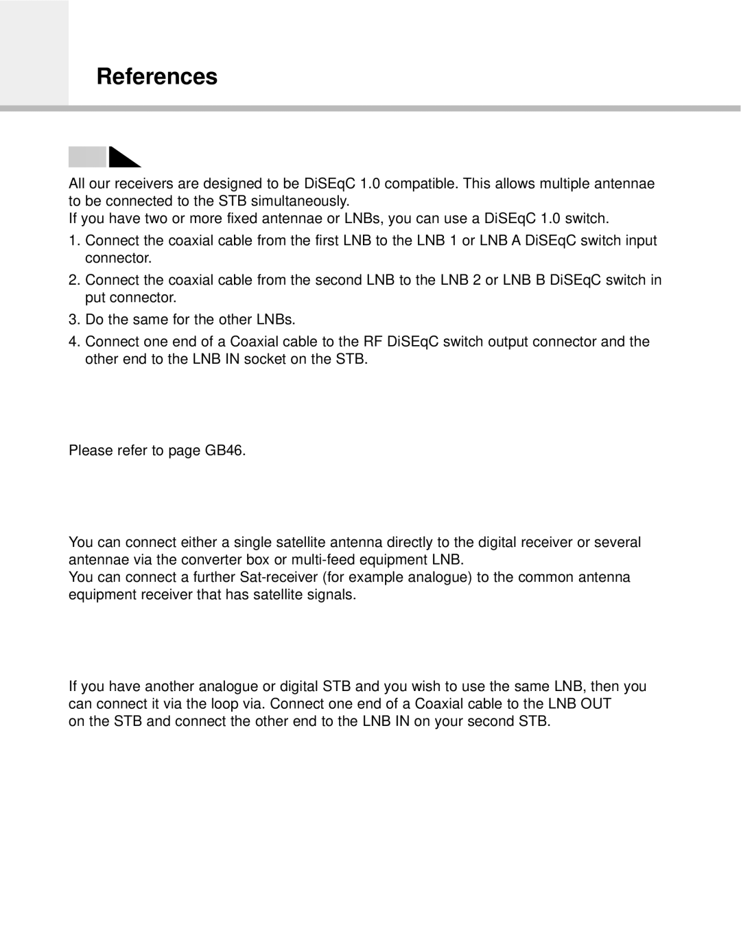 Humax Digital Set-Top Box manual References, DiSEqC 1.0 Connection, DiSEqC 1.2 Connection, Connecting a Satellite antenna 