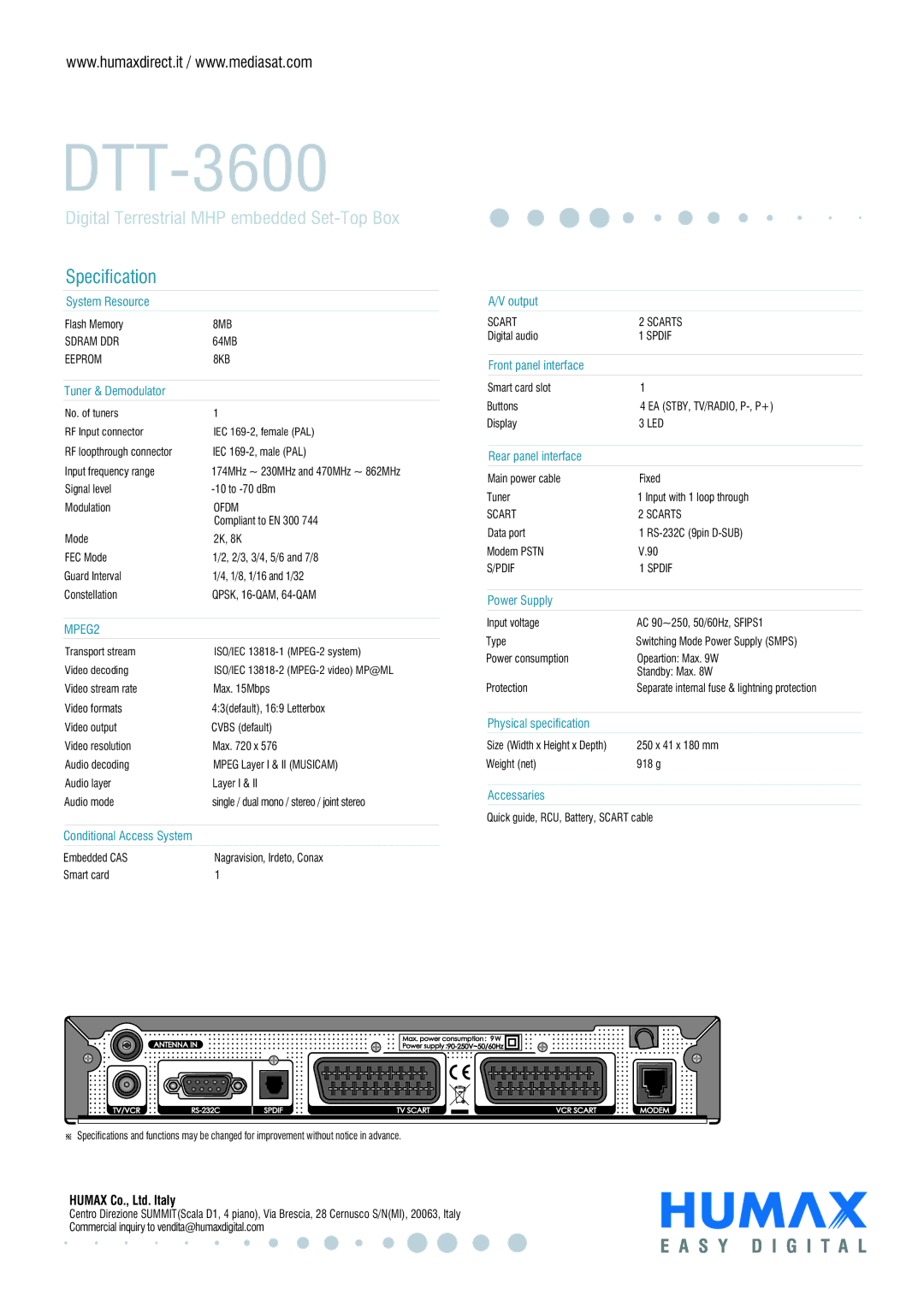 Humax DTT-3600 System Resource, Tuner & Demodulator, Conditional Access System, Output, Front panel interface, Accessaries 