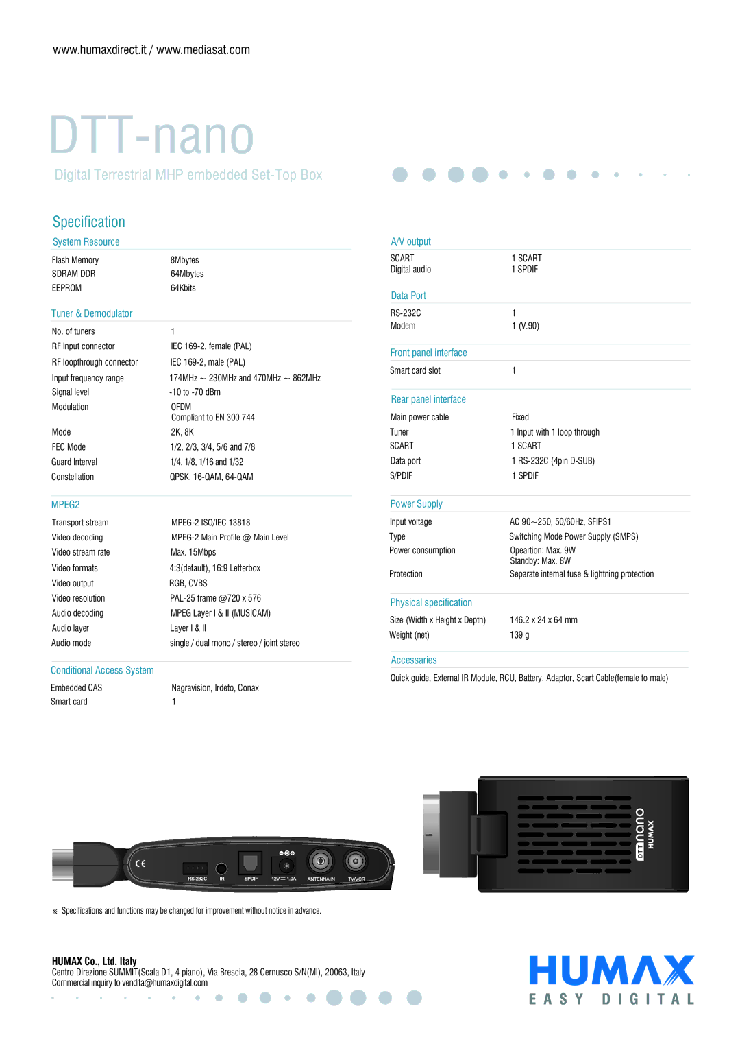 Humax DTT-nano manual System Resource, Tuner & Demodulator, Output, Data Port, Front panel interface, Rear panel interface 