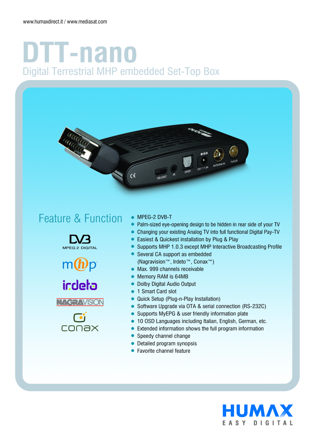 Humax DTT-nano manual Feature & Function, Digital Terrestrial MHP embedded Set-Top Box 