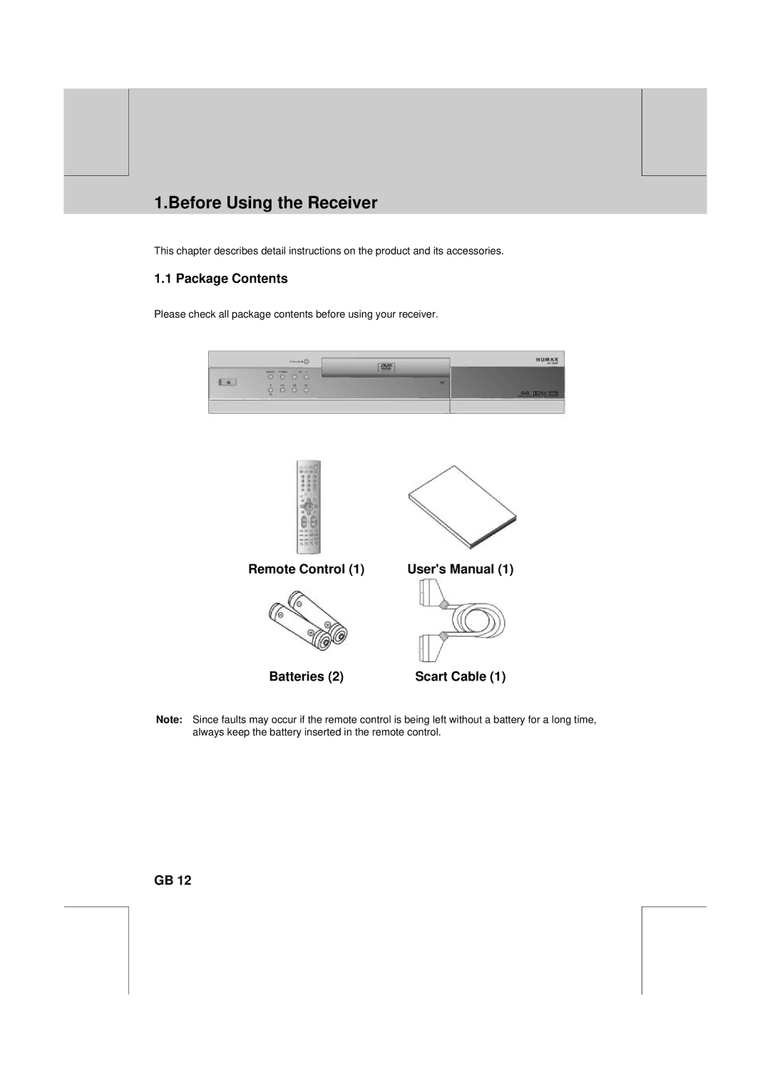 Humax DV-1000T manual Before Using the Receiver, Package Contents, Remote Control Batteries Scart Cable 