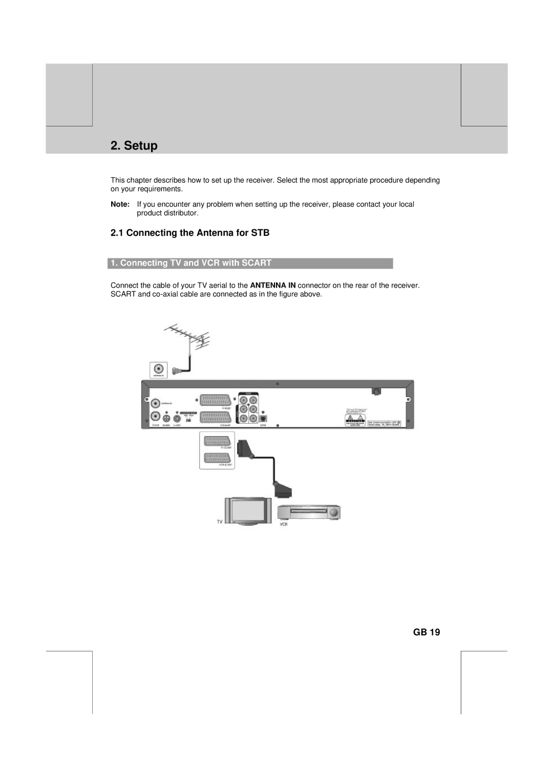 Humax DV-1000T manual Setup, Connecting the Antenna for STB, Connecting TV and VCR with Scart 