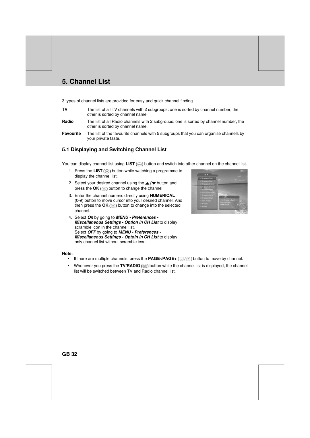 Humax DV-1000T manual Displaying and Switching Channel List, Radio, Favourite 