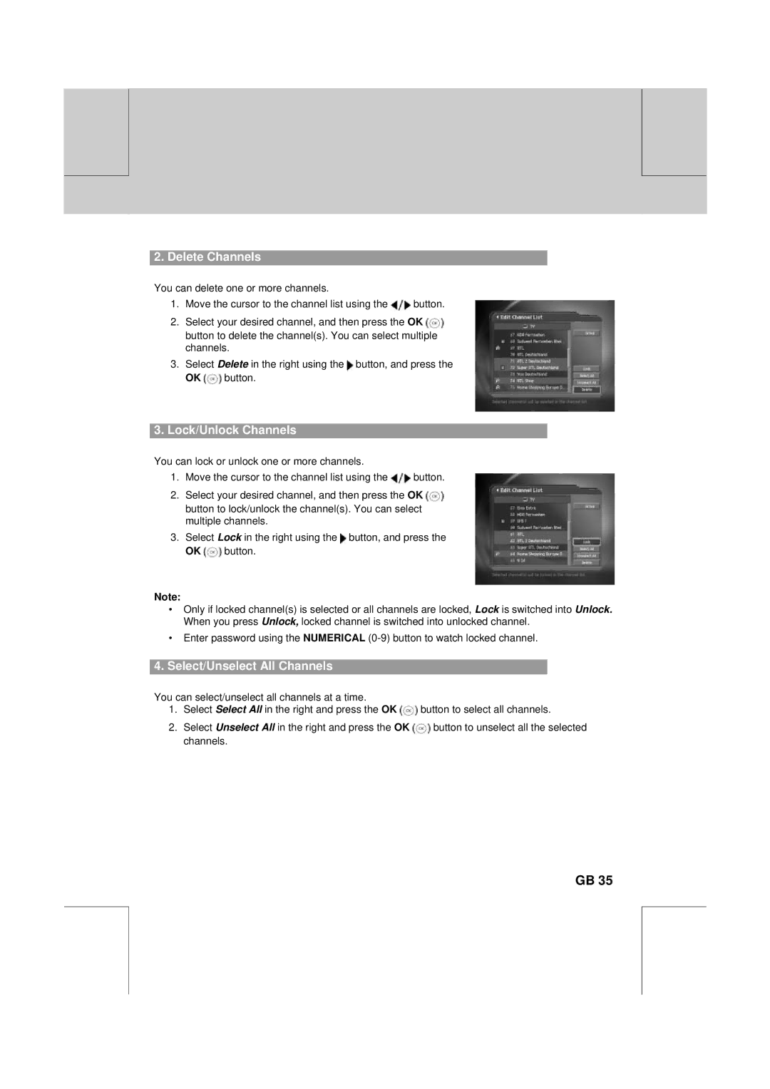 Humax DV-1000T manual Delete Channels, Lock/Unlock Channels, Select/Unselect All Channels 