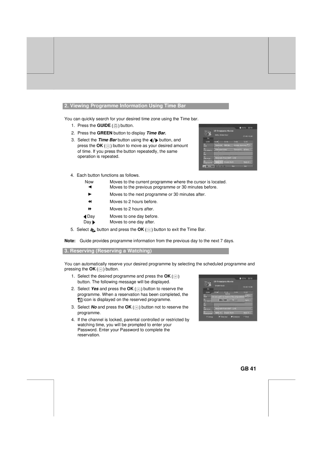 Humax DV-1000T manual Viewing Programme Information Using Time Bar, Reserving Reserving a Watching 