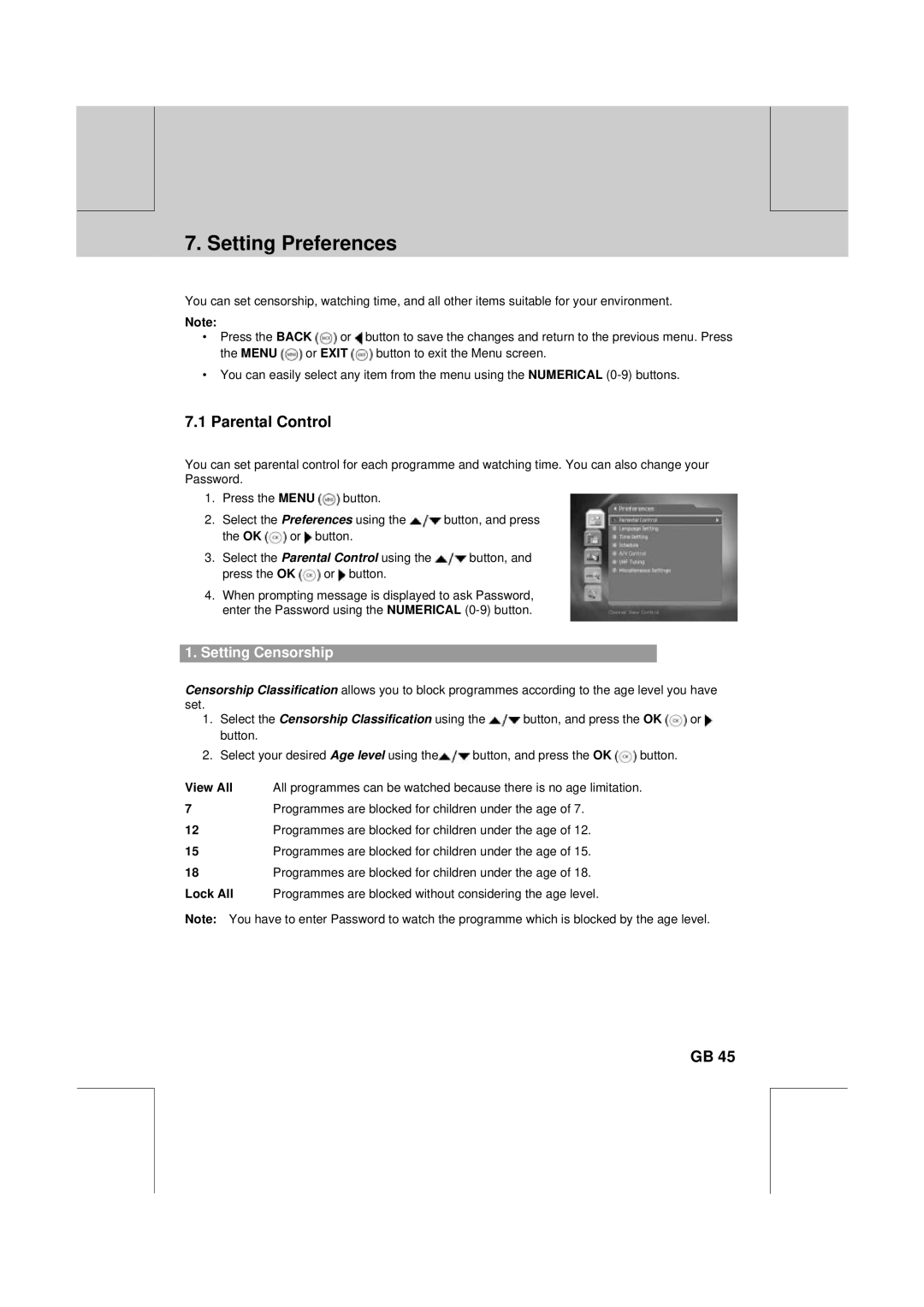 Humax DV-1000T manual Setting Preferences, Parental Control, Setting Censorship 