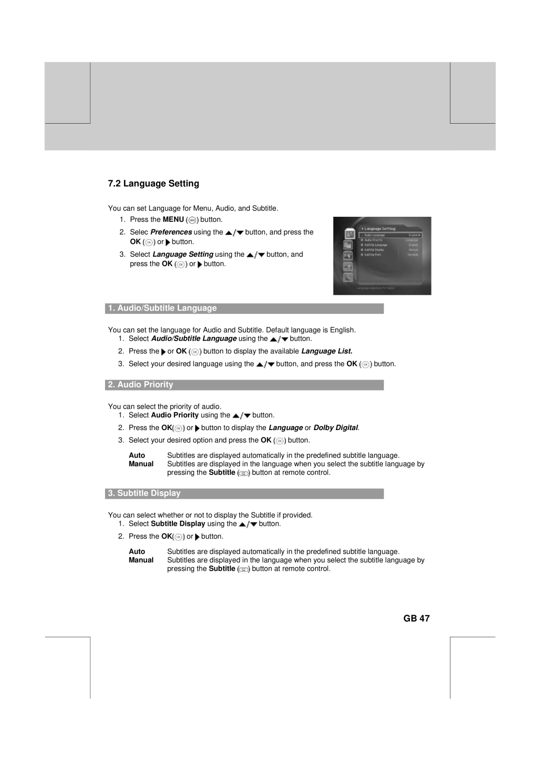 Humax DV-1000T manual Language Setting, Audio/Subtitle Language, Audio Priority, Subtitle Display 