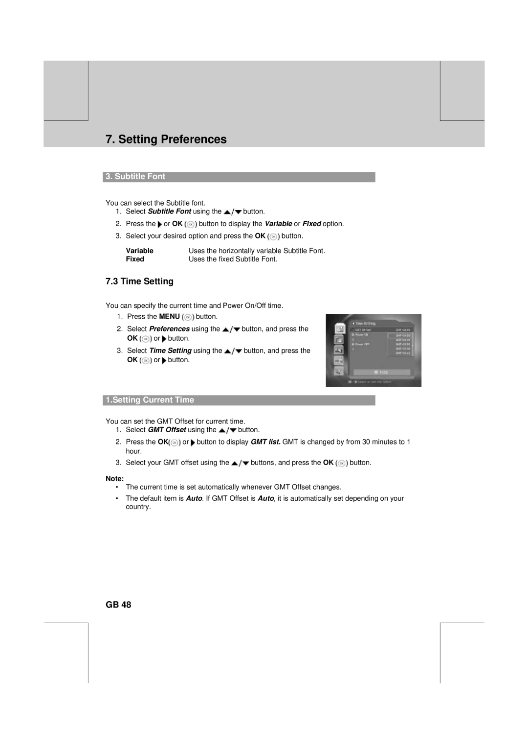 Humax DV-1000T manual Time Setting, Setting Current Time, Variable, Fixed Uses the fixed Subtitle Font 