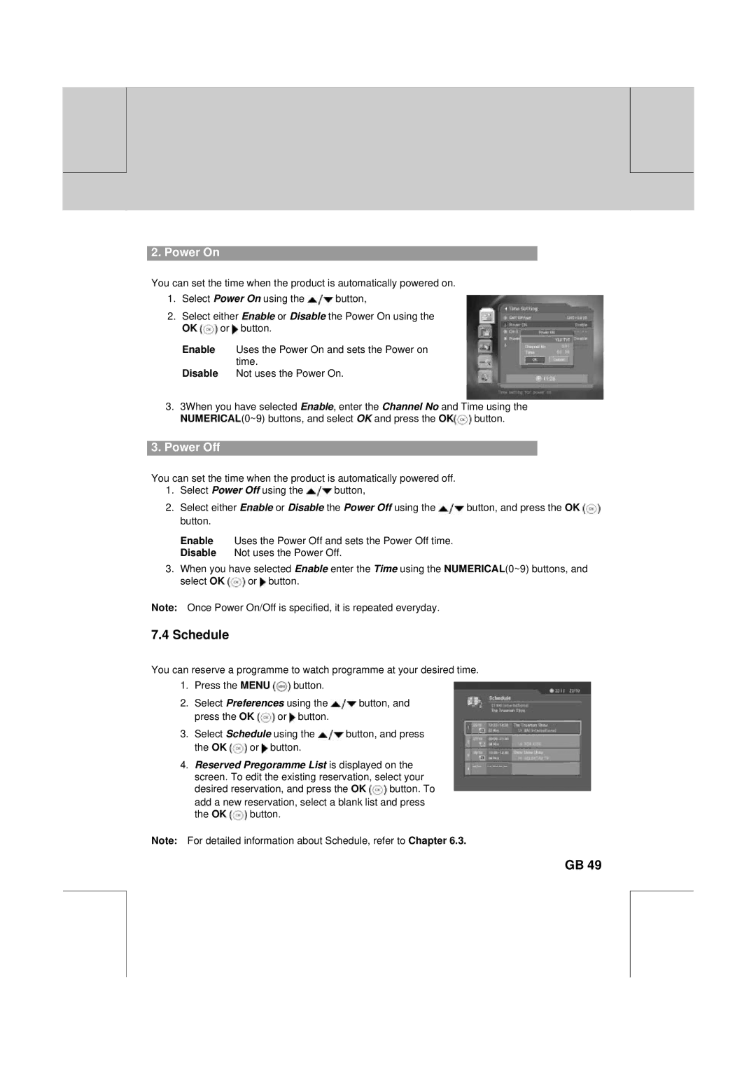 Humax DV-1000T manual Schedule, Power On, Power Off 