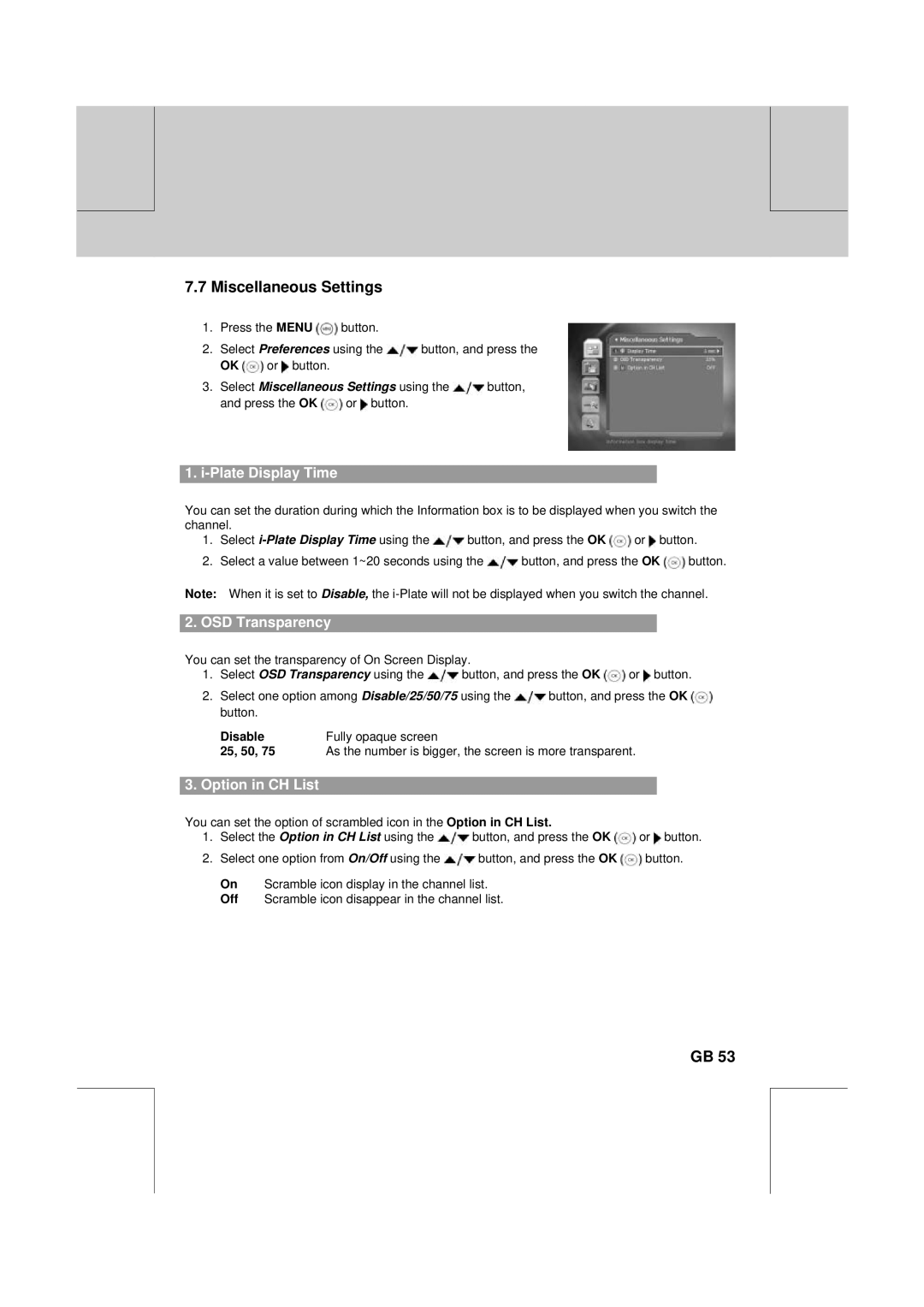 Humax DV-1000T manual Miscellaneous Settings, Plate Display Time, OSD Transparency, Option in CH List 