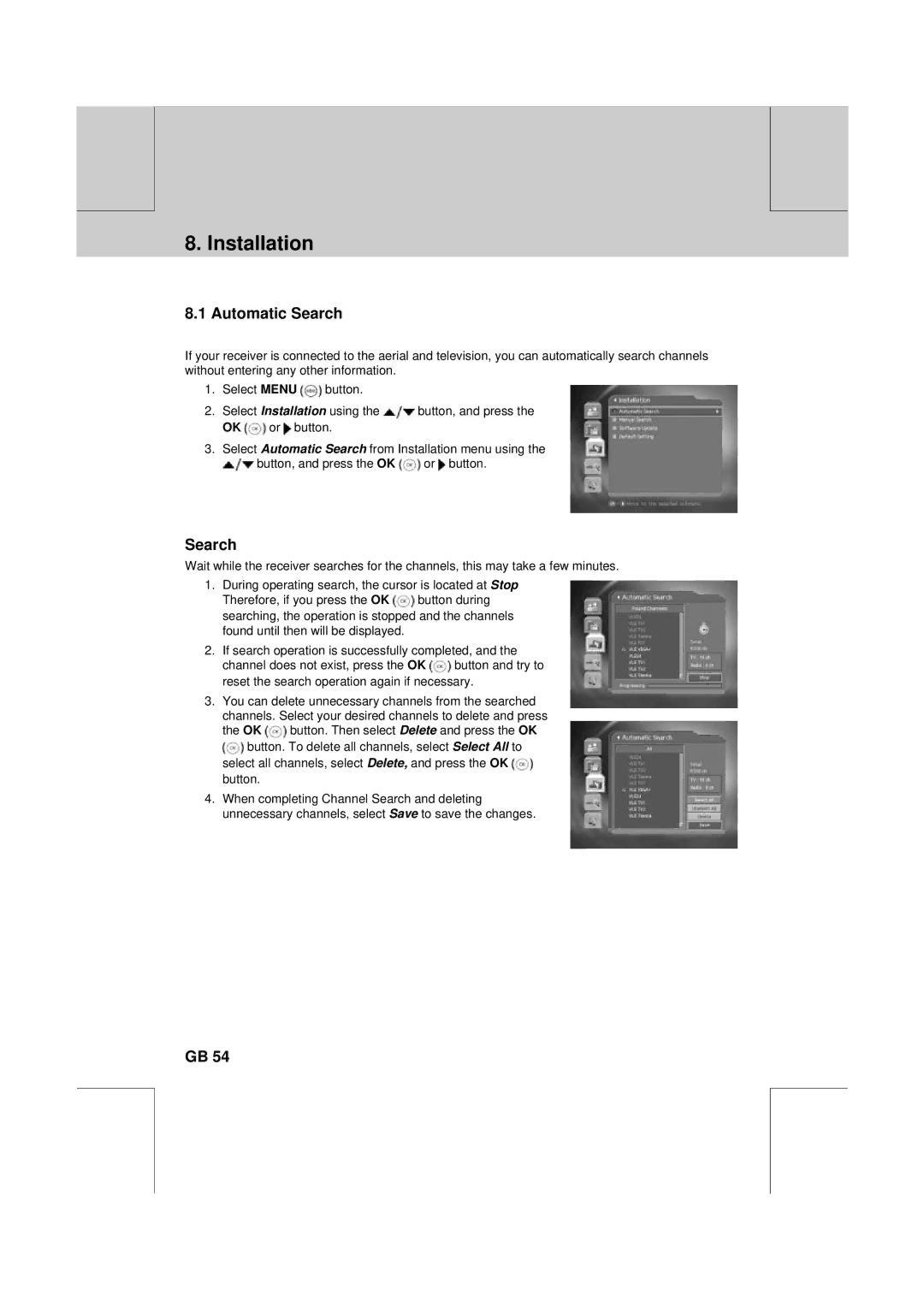 Humax DV-1000T manual Installation, Automatic Search 