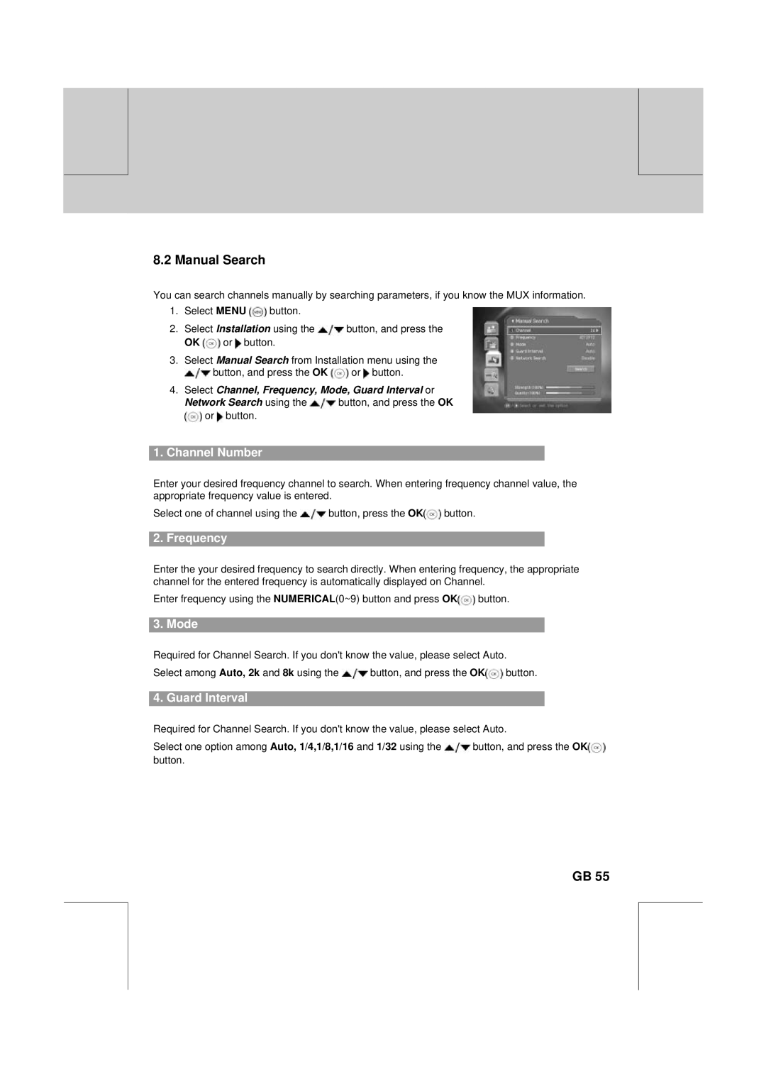Humax DV-1000T manual Manual Search, Channel Number, Frequency, Mode, Guard Interval 