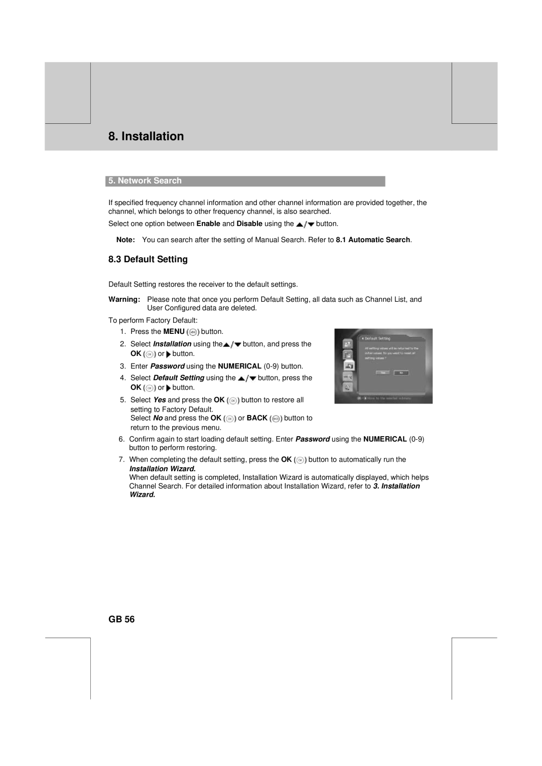 Humax DV-1000T manual Default Setting, Network Search 