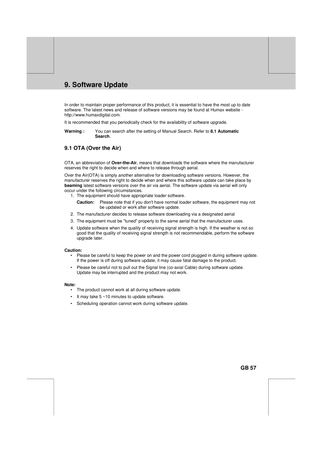 Humax DV-1000T manual Software Update, OTA Over the Air 