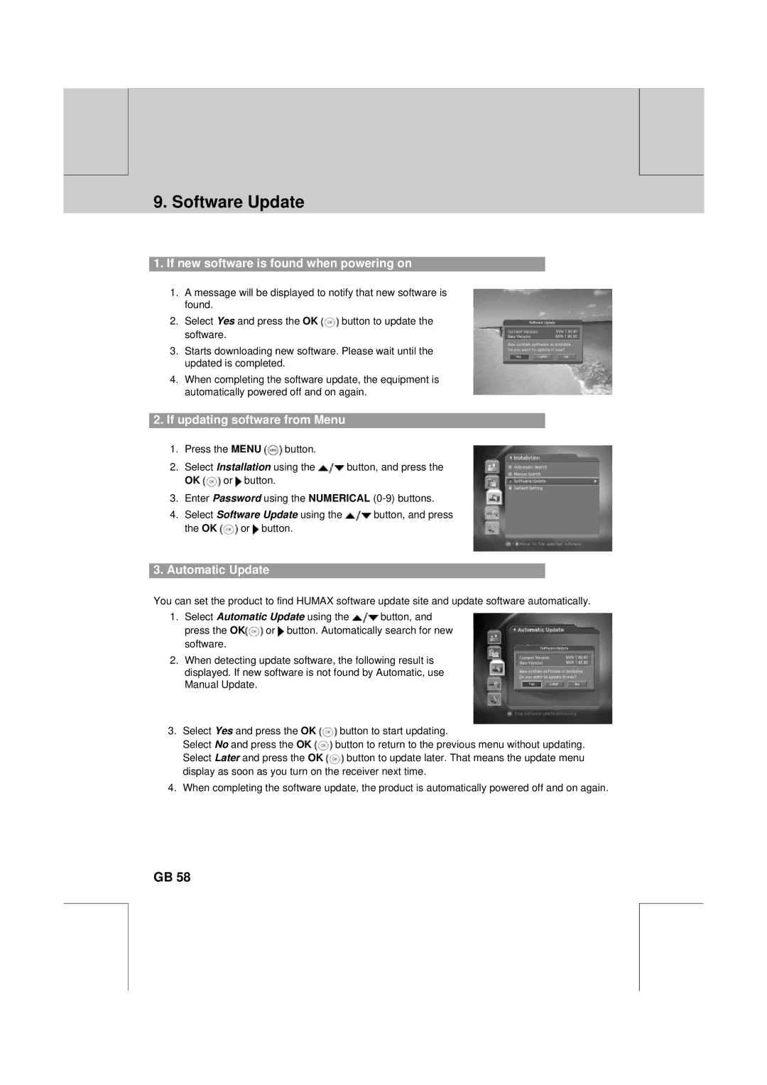 Humax DV-1000T manual If new software is found when powering on, If updating software from Menu, Automatic Update 