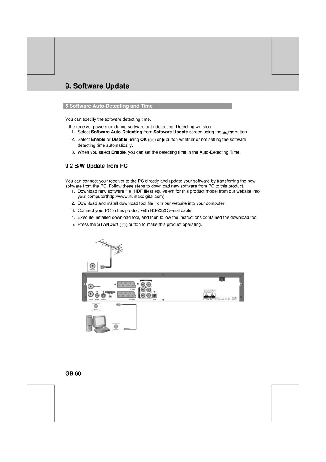 Humax DV-1000T manual S/W Update from PC, Software Auto-Detecting and Time 