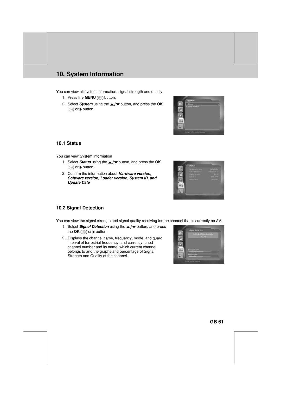 Humax DV-1000T manual System Information, Status, Signal Detection 