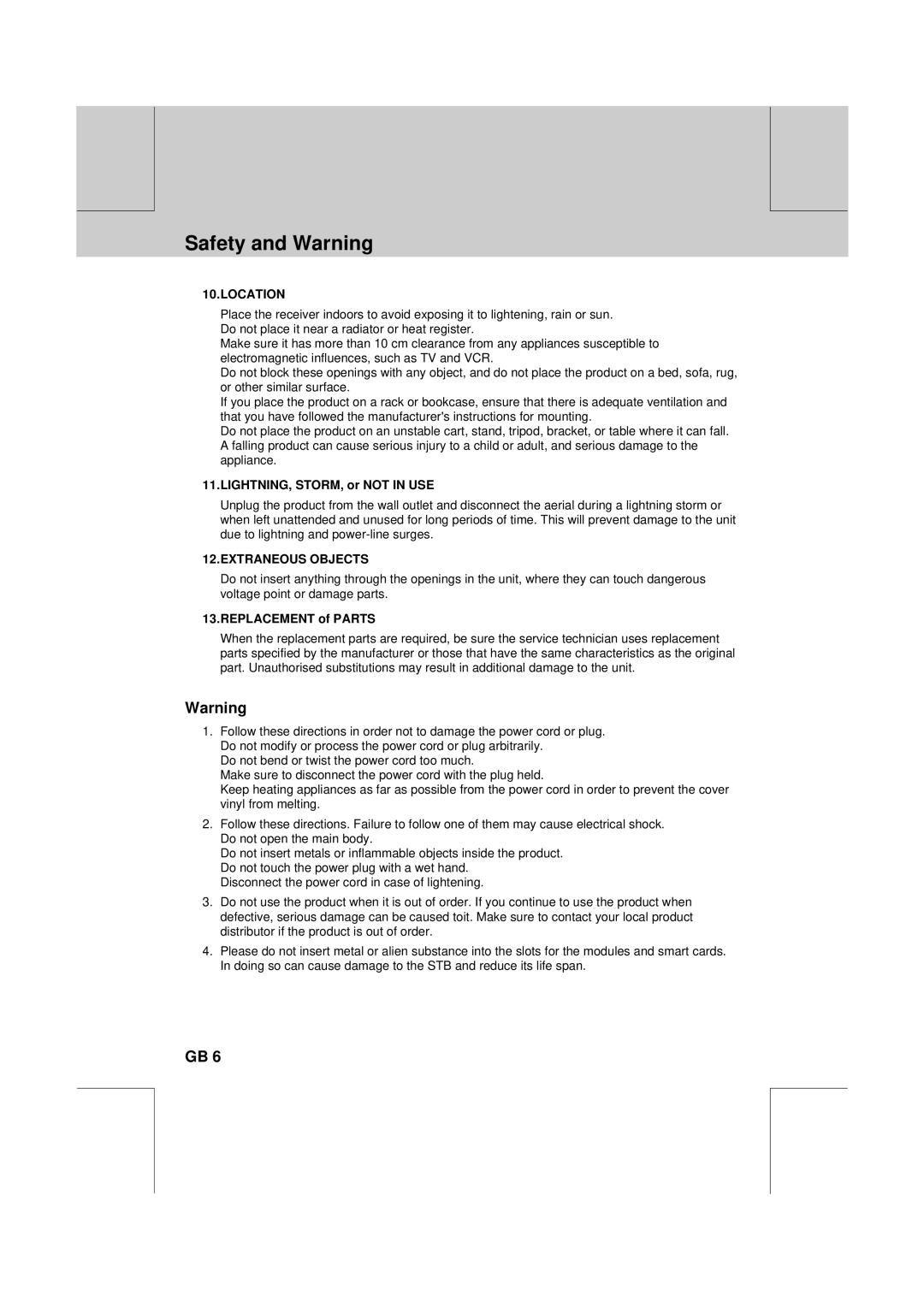 Humax DV-1000T manual LIGHTNING, STORM, or not in USE, Replacement of Parts 